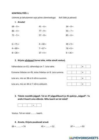 Liitmine ja lahutamine 100 piires üleminekuga, 2. klass