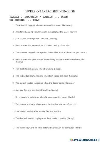 Inversion exercises in english  hardly - scarcely - barely ... when no sooner ... than