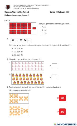 Ulangan Matematika Tema 5 KD 3.1 dan 3.2