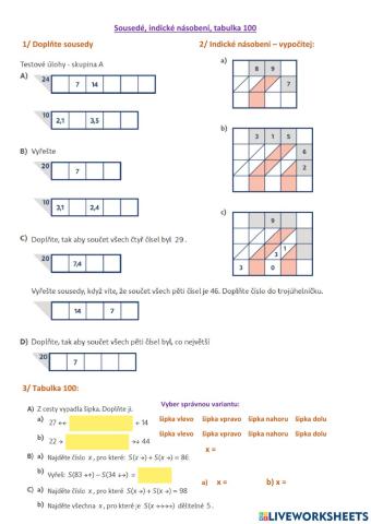 Indické násobení, sousedé, tabulka 100