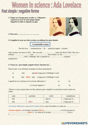 Past simple, neg form Women in Science Ada Lovelace