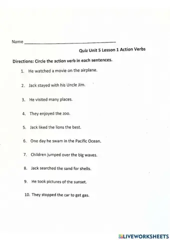 Unit 5 Lesson 1 Quiz Verbs