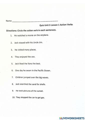 Unit 5 Lesson 1 Quiz Verbs