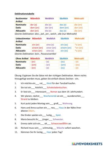 Deklinationstabelle - Übungsblatt 1