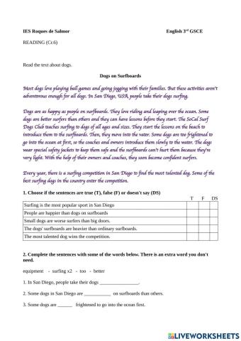 Dogs on Surfboards Reading Comprehension