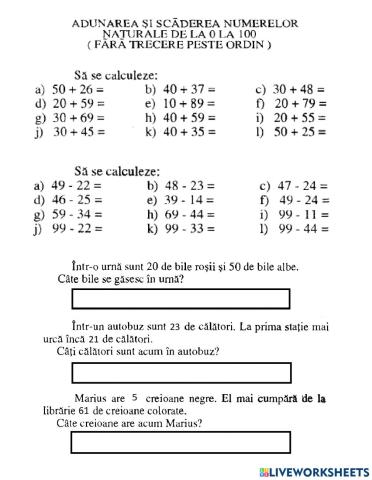Adunarea si scaderea 0-100 fara trecere peste ordin
