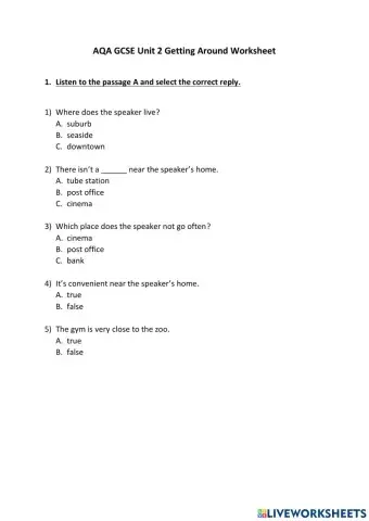 AQA GCSE Unit 2 Getting Around Worksheet