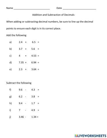 Addition and Subtraction of Decimals