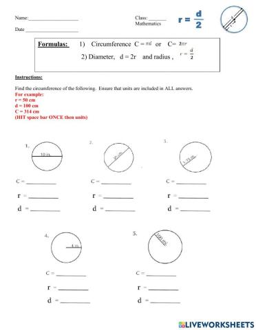 Radius, Diameter and Circumference of a Circle