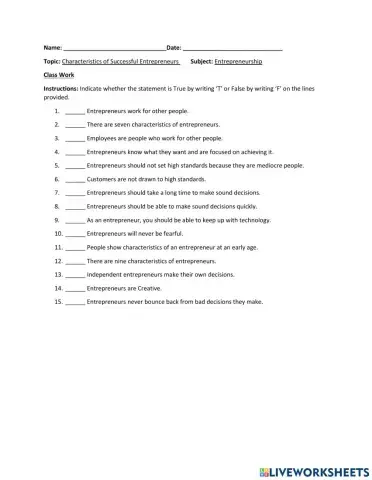 Characteristics of an Entrepreneur T-F