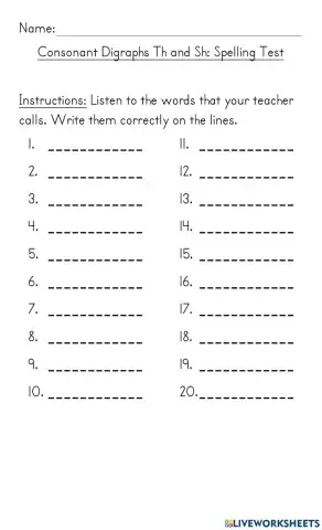 Consonant Digraph Th And Sh Spelling Test
