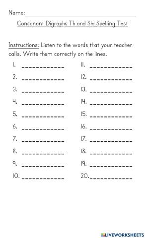 Consonant Digraph Th And Sh Spelling Test