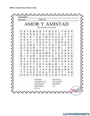 Sopa de Letras Día del Amor y Amistad