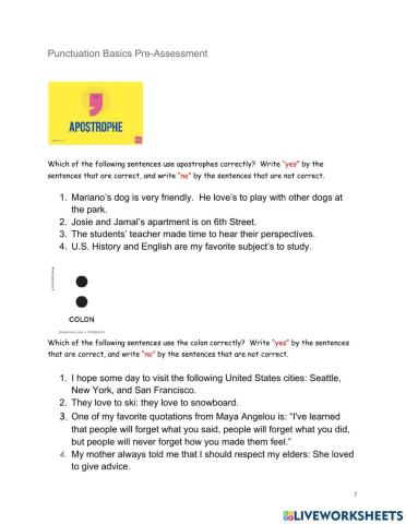 Punctuation Basics Pre Assessment
