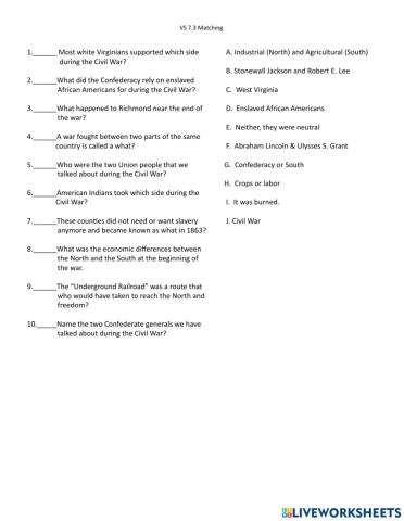 Virginia Studies 7.3 Matching Civil War