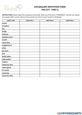 Vocabulary repetition form - the city - part 4
