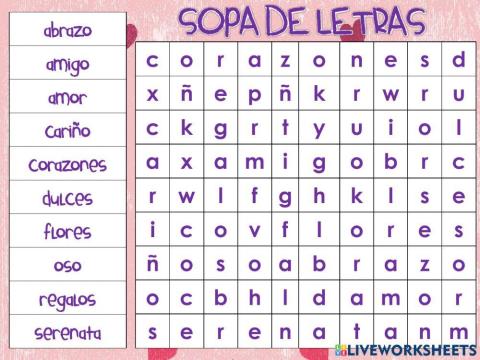 SOPA DE LETRAS AMOR Y AMISTAD