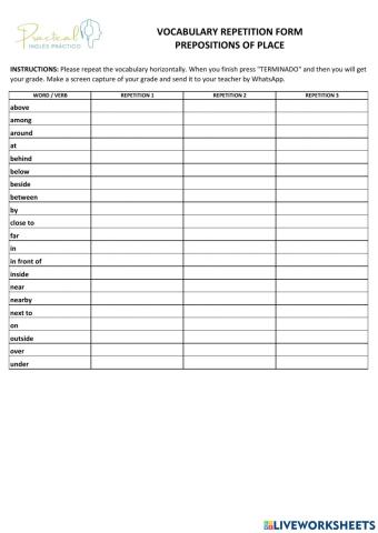 Vocabulary repetition form - prepositions of place