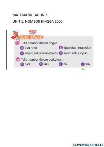 Matematik Tahun 2: Nombor Hingga 1000
