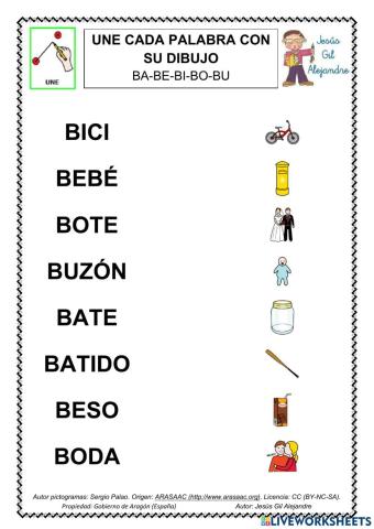 Une palabra y dibujo ba be bi bo bu MAYÚSCULAS