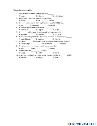 Money vocabulary revision