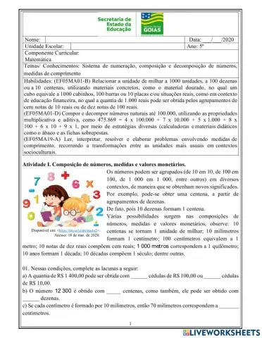 Sistema de numeração, composição e decomposição de números,