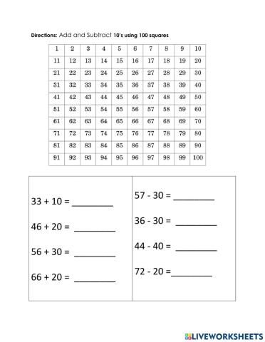 Add and Subtract 10s using 100 squares