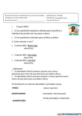 2ª atividade 1° bimestre 8º ano 2021IMC