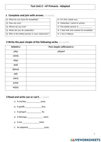 Test Grade 6 - Unit 2 (Adapted)