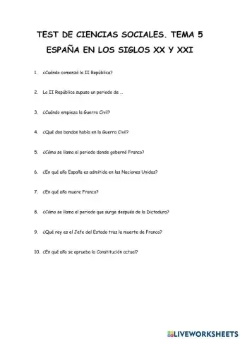 Test Sociales España en los siglos XX y XXI
