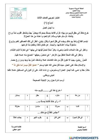 اختبار الفهم القرائي للصف الثالث