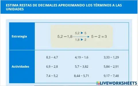 CÁLCULO MENTAL 6º: 8.2 Estima restas de números decimales aproximando los términos a las unidades
