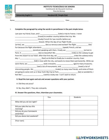 Handout 9 SIMPLE PAST (AUXILIARY DID)
