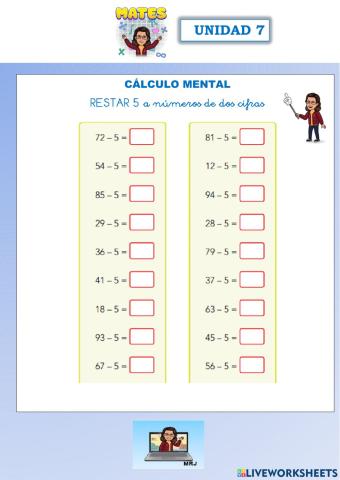 Cálculo mental: restar 5 a números de dos cifras