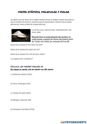 Masses atòmiques, moleculars i molars