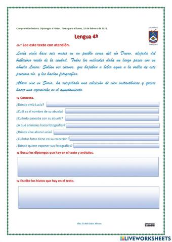 Lectura comprensiva con  diptongos e hiatos 4º