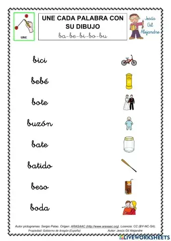Une palabra y dibujo ba be bi bo bu minúsculas