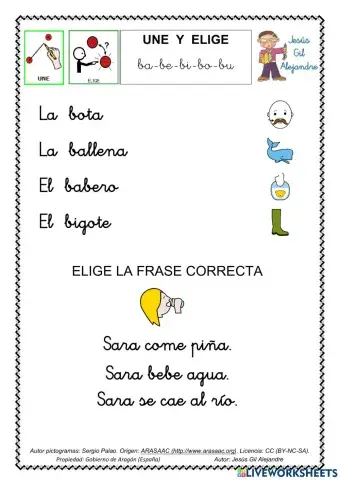 Une cada palabra con su dibujo y elige la frase correcta. Palabras con B minúsculas