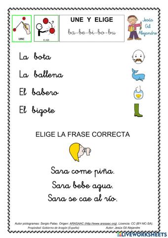 Une cada palabra con su dibujo y elige la frase correcta. Palabras con B minúsculas