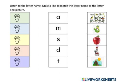 Match letter name to letter and picture. (Letters m,s,d,t,a)