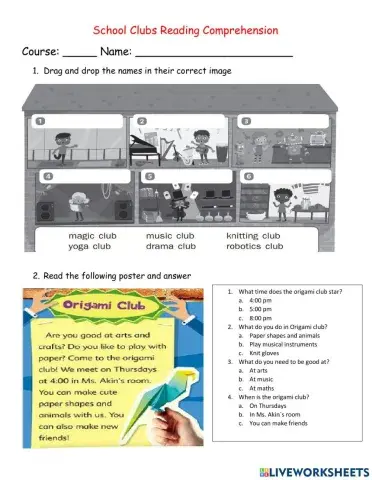 School clubs reading comprehension 4th grade