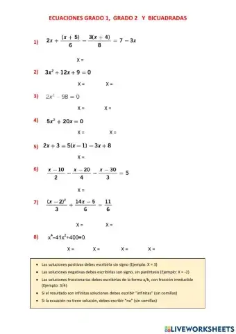 Ecuaciones primer grado, segundo grado y bicuadradas