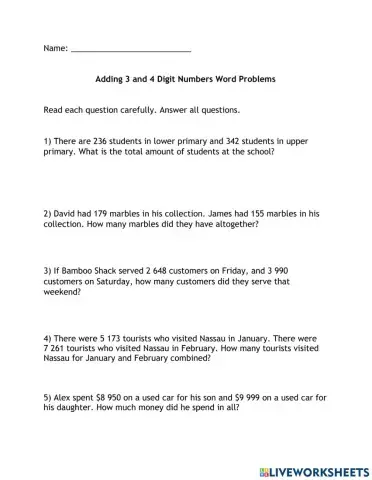Adding 3 and 4 Digit Numbers Word Problems -3
