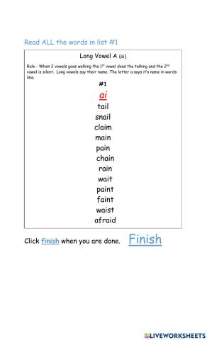 Long vowel a -AI- word list
