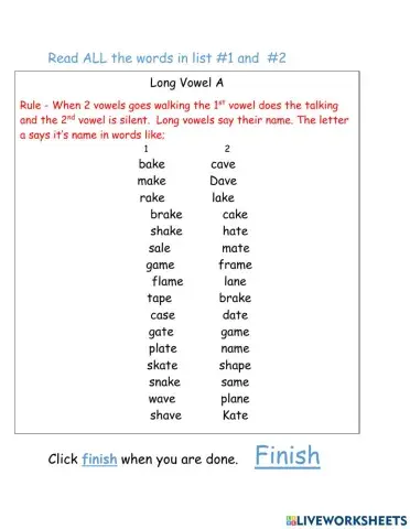 Long vowel a -A-E word list