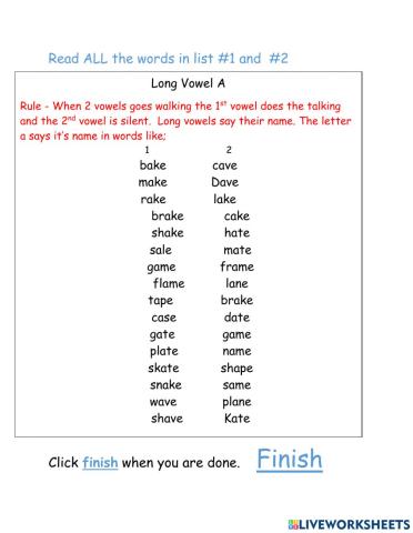 Long vowel a -A-E word list