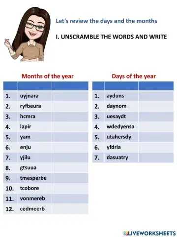 Ordinal numbers Days and months