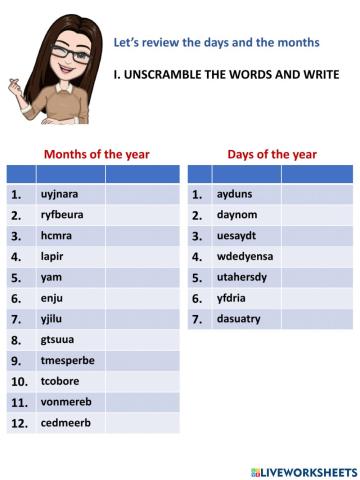 Ordinal numbers Days and months