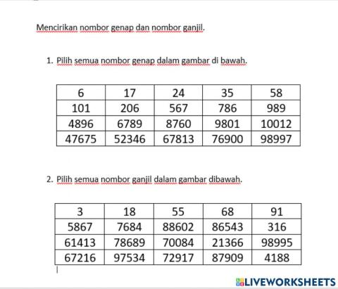 Mencirikan nombor genap dan ganjil tahun 4