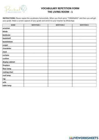 Vocabulary repetition form - the living room - 1